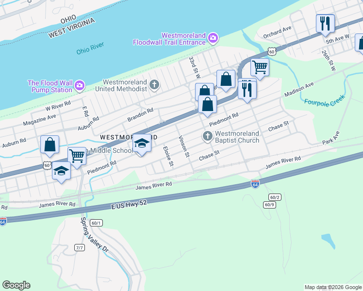 map of restaurants, bars, coffee shops, grocery stores, and more near 624 Vinson St in Huntington