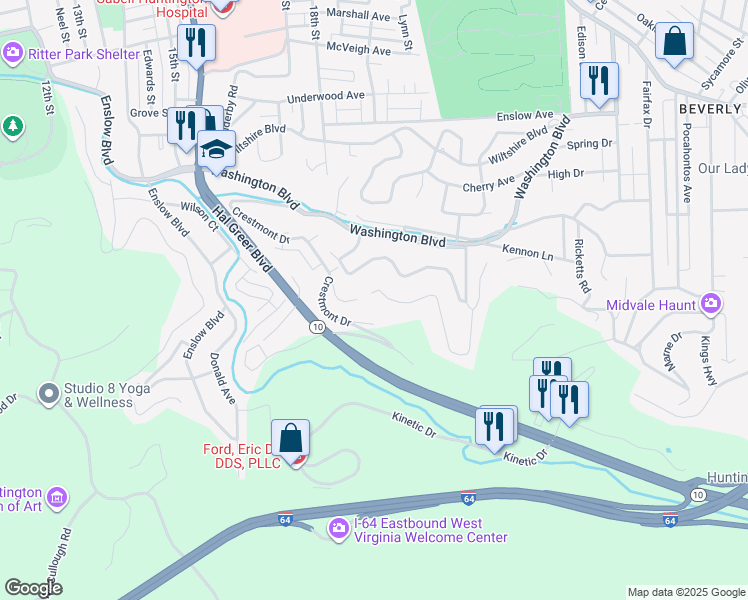map of restaurants, bars, coffee shops, grocery stores, and more near 195 Camelot Drive in Huntington