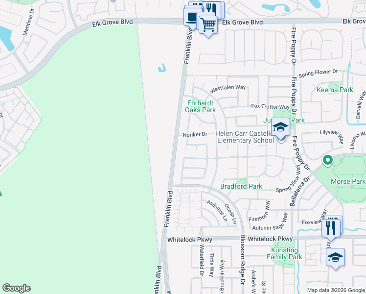map of restaurants, bars, coffee shops, grocery stores, and more near 9812 Dartmoor Way in Elk Grove