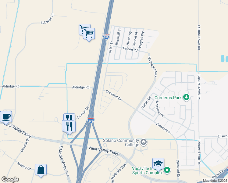 map of restaurants, bars, coffee shops, grocery stores, and more near 601 Guild Road in Vacaville