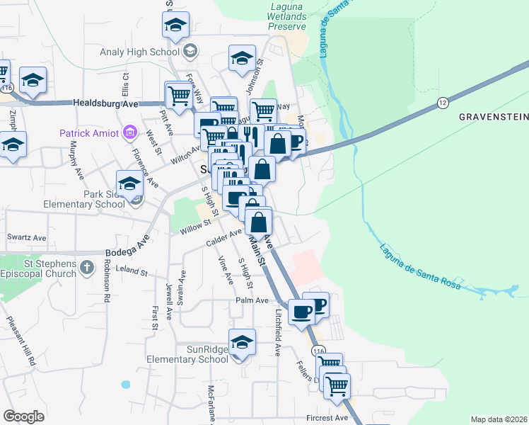 map of restaurants, bars, coffee shops, grocery stores, and more near 327 Petaluma Avenue in Sebastopol