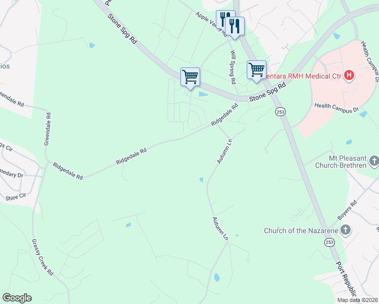 map of restaurants, bars, coffee shops, grocery stores, and more near 2488 Ridgedale Road in Harrisonburg