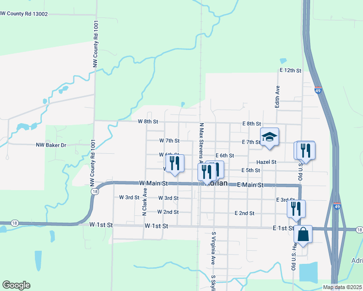 map of restaurants, bars, coffee shops, grocery stores, and more near 619 Bates Street in Adrian