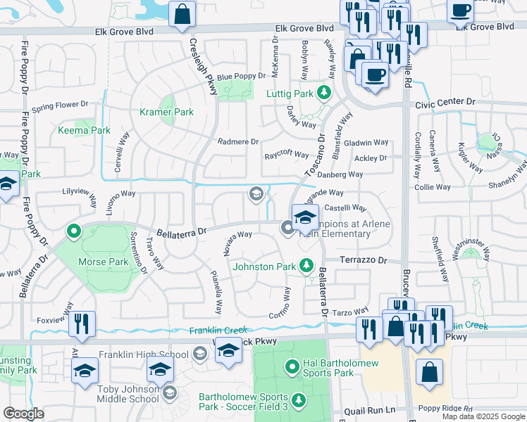map of restaurants, bars, coffee shops, grocery stores, and more near 9831 Brinzino Court in Elk Grove
