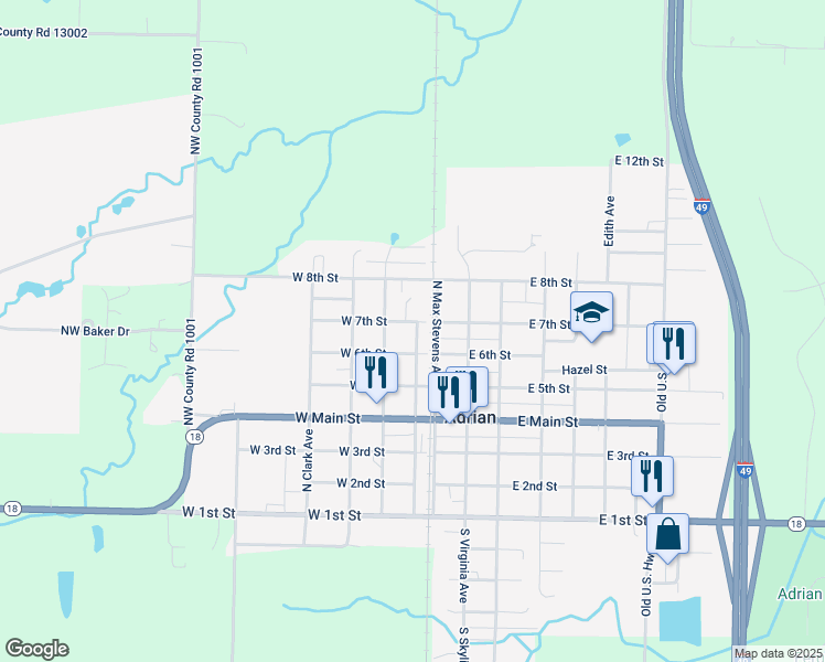 map of restaurants, bars, coffee shops, grocery stores, and more near 619 Bates Street in Adrian