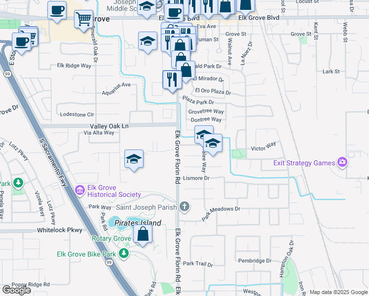 map of restaurants, bars, coffee shops, grocery stores, and more near 9706 Tralee Way in Elk Grove