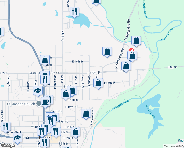 map of restaurants, bars, coffee shops, grocery stores, and more near 705 East 15th Street in Jasper