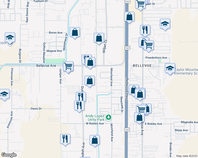 map of restaurants, bars, coffee shops, grocery stores, and more near 136 Eddy Drive in Santa Rosa