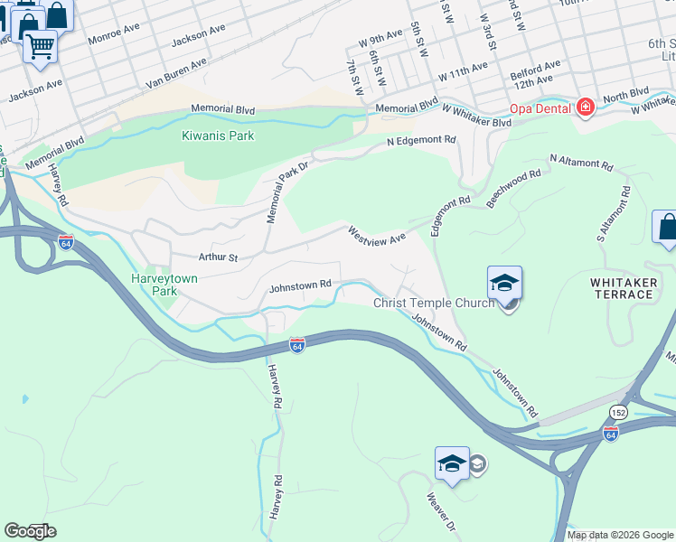 map of restaurants, bars, coffee shops, grocery stores, and more near 2138 Johnstown Rd in Huntington