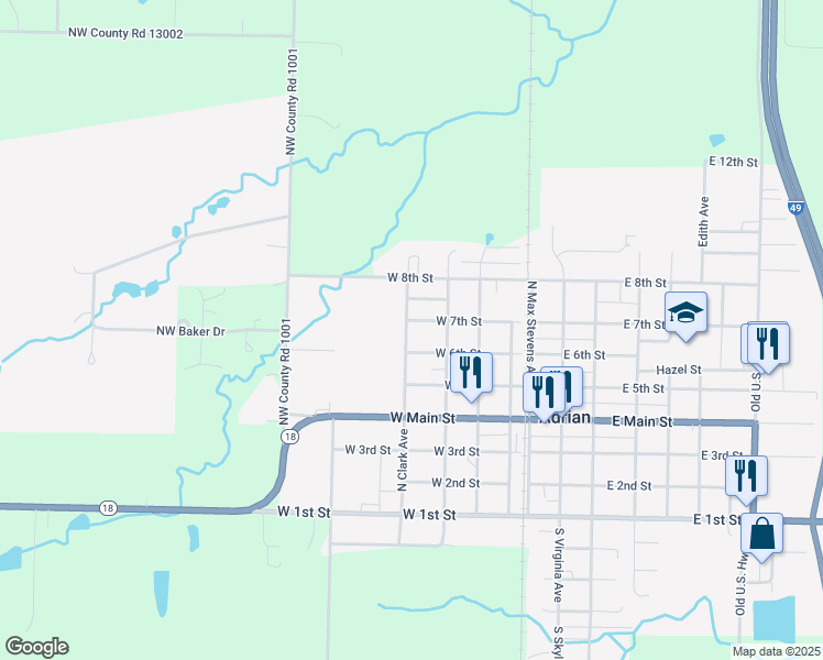 map of restaurants, bars, coffee shops, grocery stores, and more near 603 North Clark Avenue in Adrian
