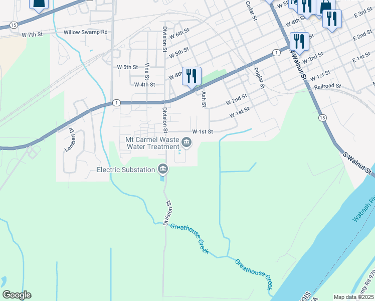 map of restaurants, bars, coffee shops, grocery stores, and more near 125 Division Street in Mount Carmel