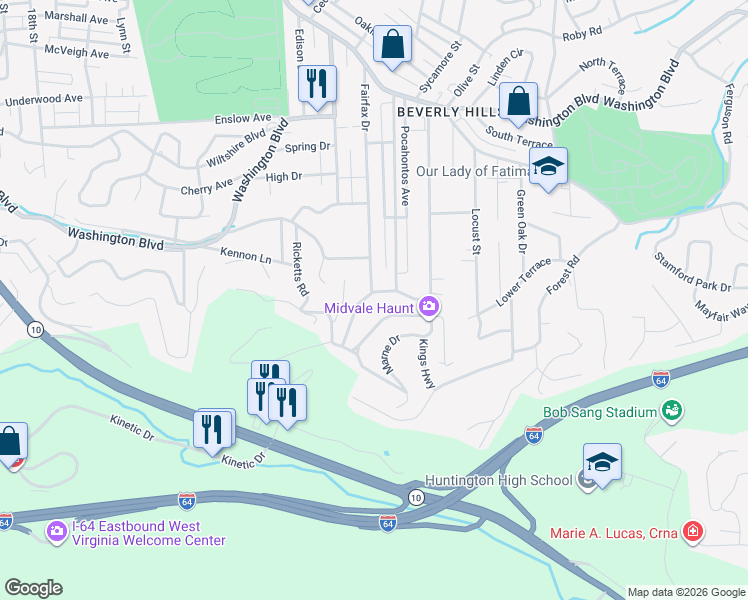 map of restaurants, bars, coffee shops, grocery stores, and more near 44 Roland Park Drive in Huntington