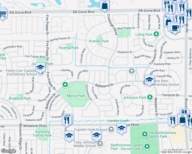 map of restaurants, bars, coffee shops, grocery stores, and more near 5975 Travo Way in Elk Grove