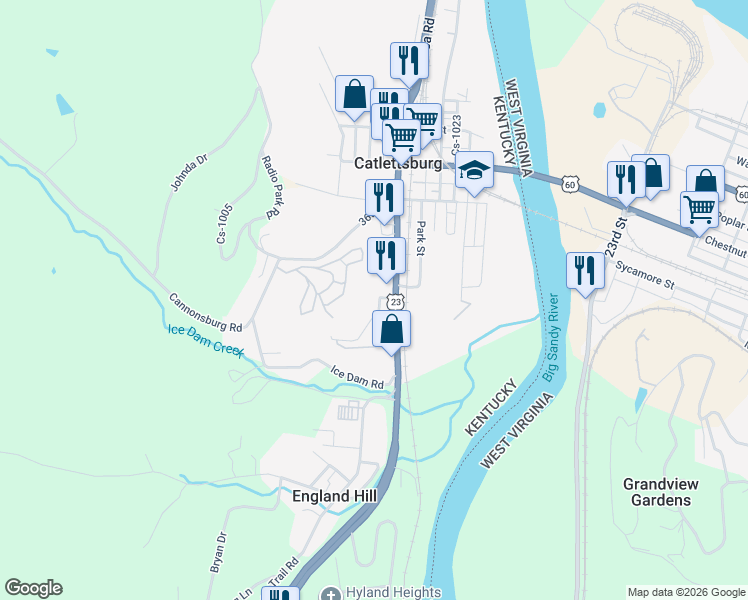 map of restaurants, bars, coffee shops, grocery stores, and more near 440 37th Street in Catlettsburg