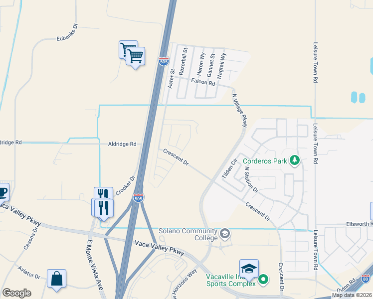 map of restaurants, bars, coffee shops, grocery stores, and more near 601 Guild Road in Vacaville