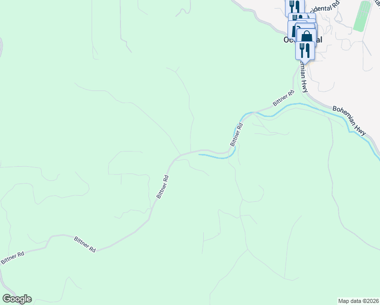 map of restaurants, bars, coffee shops, grocery stores, and more near 15606 Bittner Road in Occidental