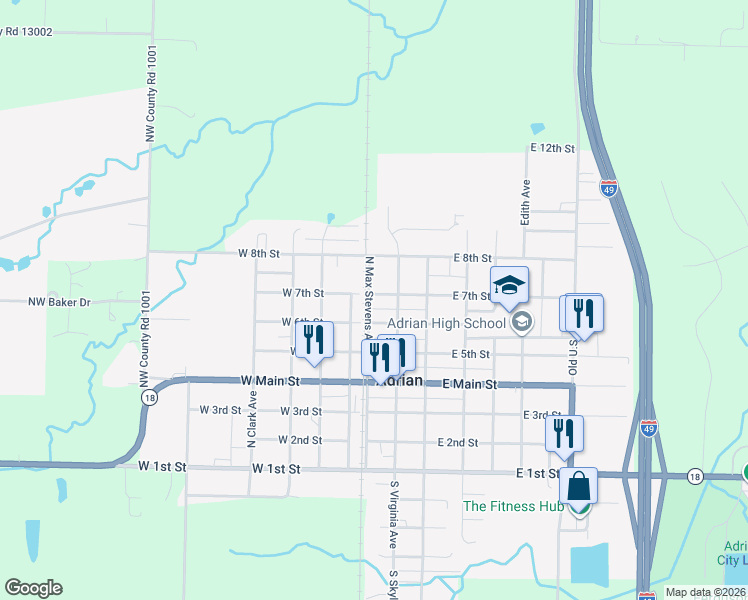 map of restaurants, bars, coffee shops, grocery stores, and more near 15 East 7th Street in Adrian