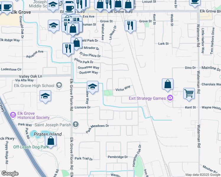 map of restaurants, bars, coffee shops, grocery stores, and more near 9844 Emerald Park Drive in Elk Grove