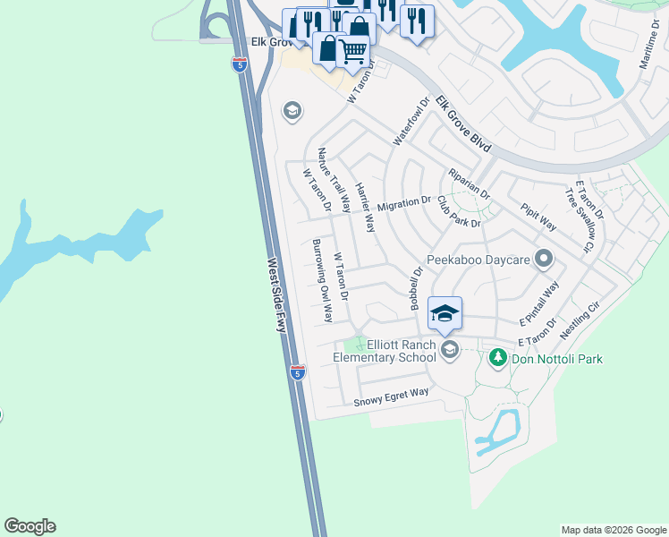 map of restaurants, bars, coffee shops, grocery stores, and more near 9872 West Taron Drive in Elk Grove