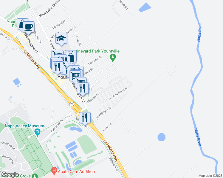 map of restaurants, bars, coffee shops, grocery stores, and more near 83 San Fernando Street in Yountville