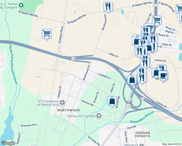 map of restaurants, bars, coffee shops, grocery stores, and more near 2207 Northwood Drive in Salisbury