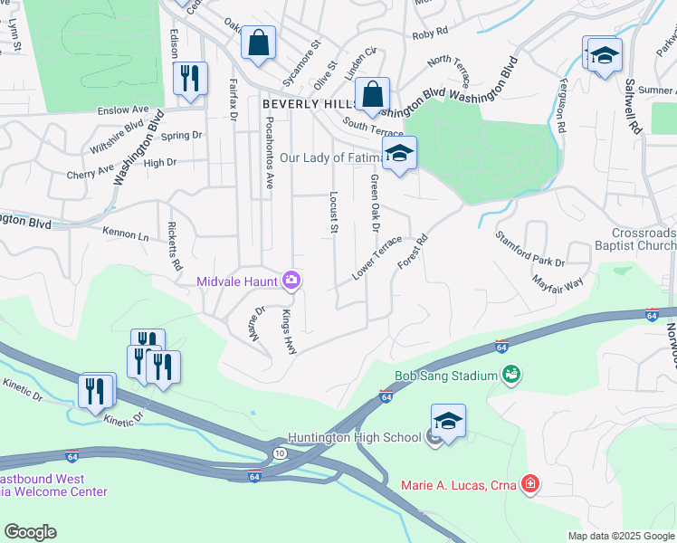 map of restaurants, bars, coffee shops, grocery stores, and more near 348 Locust Street in Huntington