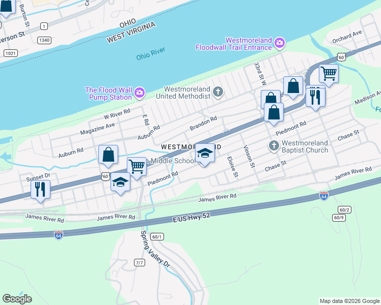 map of restaurants, bars, coffee shops, grocery stores, and more near in Huntington