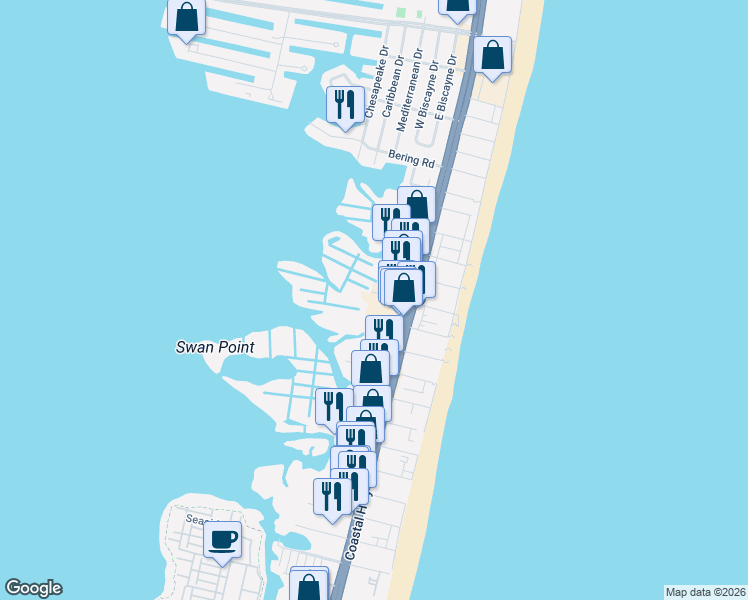 map of restaurants, bars, coffee shops, grocery stores, and more near 112 80th Street in Ocean City