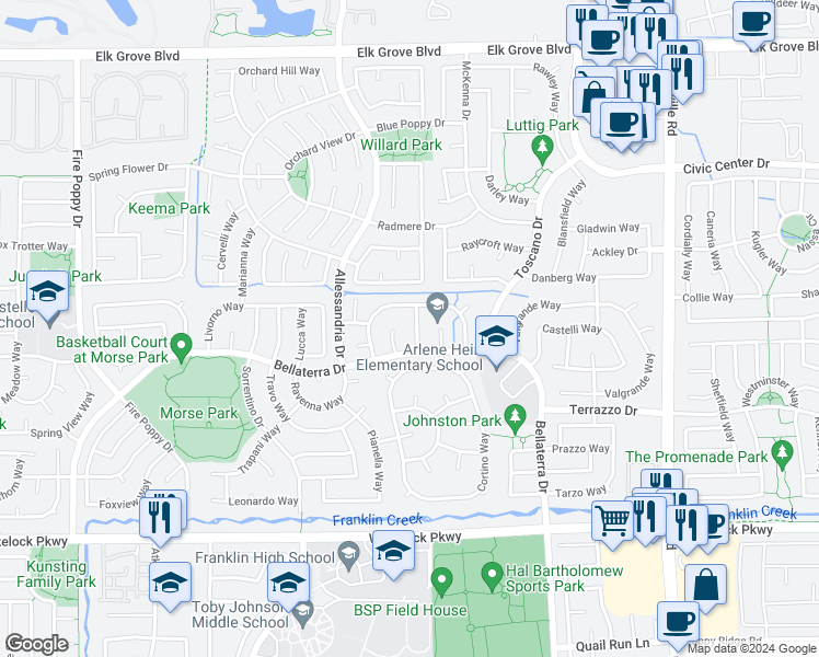 map of restaurants, bars, coffee shops, grocery stores, and more near 9826 Gavirate Way in Elk Grove