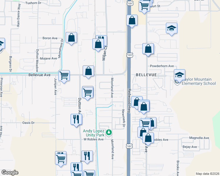 map of restaurants, bars, coffee shops, grocery stores, and more near 183 Eddy Drive in Santa Rosa