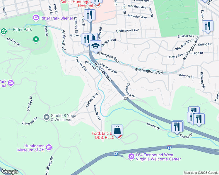 map of restaurants, bars, coffee shops, grocery stores, and more near 101-149 Ferguson Court in Huntington