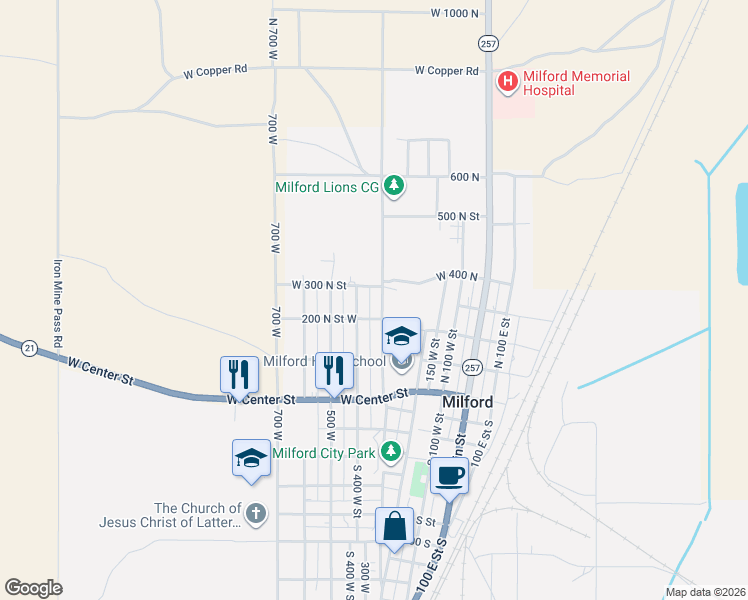 map of restaurants, bars, coffee shops, grocery stores, and more near 251 North 300 West Street in Milford