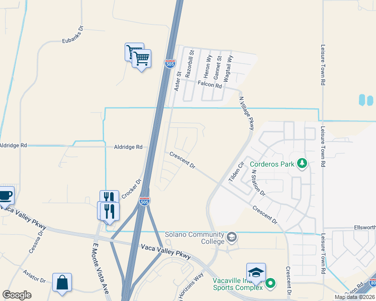 map of restaurants, bars, coffee shops, grocery stores, and more near 601 Guild Road in Vacaville