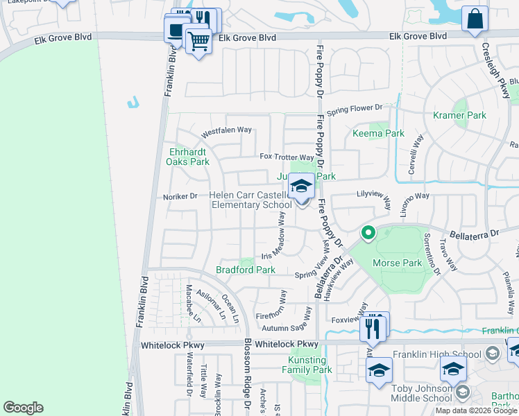 map of restaurants, bars, coffee shops, grocery stores, and more near 9845 Peters Ranch Way in Elk Grove