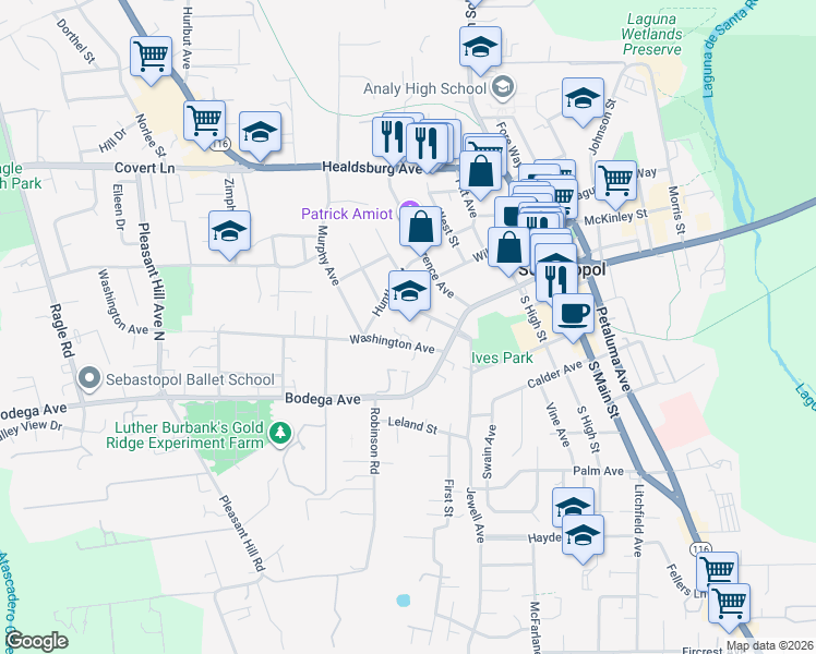 map of restaurants, bars, coffee shops, grocery stores, and more near 7450 Bodega Avenue in Sebastopol