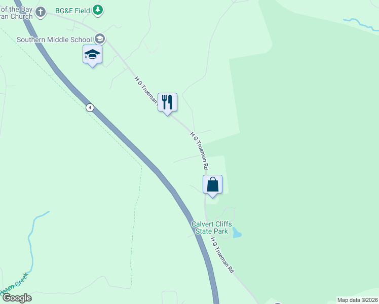 map of restaurants, bars, coffee shops, grocery stores, and more near 45 Garden Way in Lusby