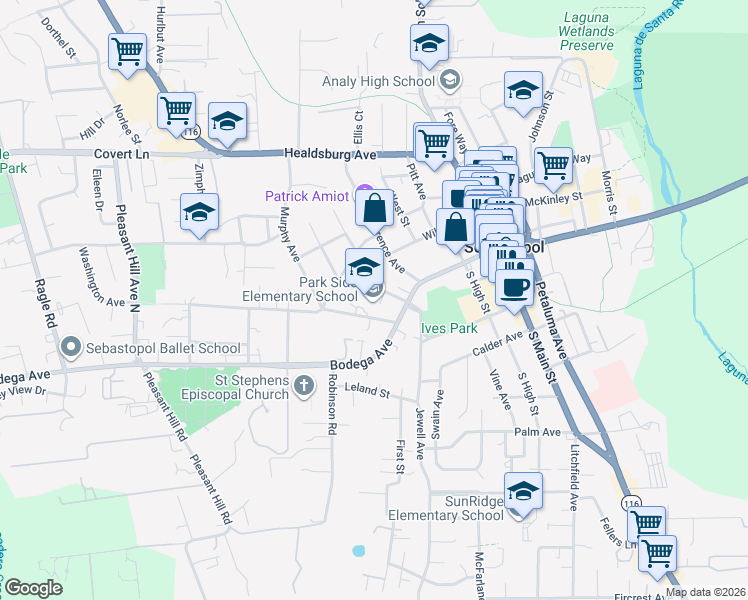 map of restaurants, bars, coffee shops, grocery stores, and more near 7450 Bodega Avenue in Sebastopol