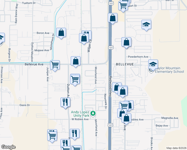 map of restaurants, bars, coffee shops, grocery stores, and more near 177 Eddy Drive in Santa Rosa