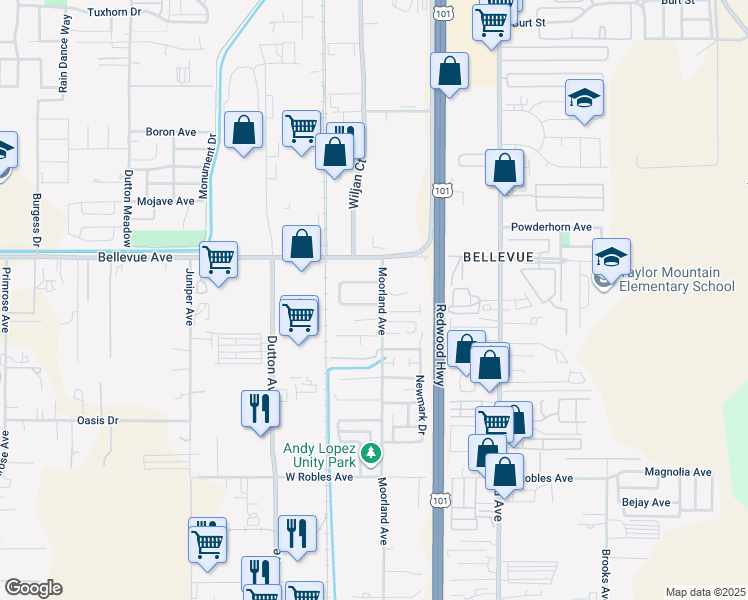 map of restaurants, bars, coffee shops, grocery stores, and more near 175 Eddy Drive in Santa Rosa