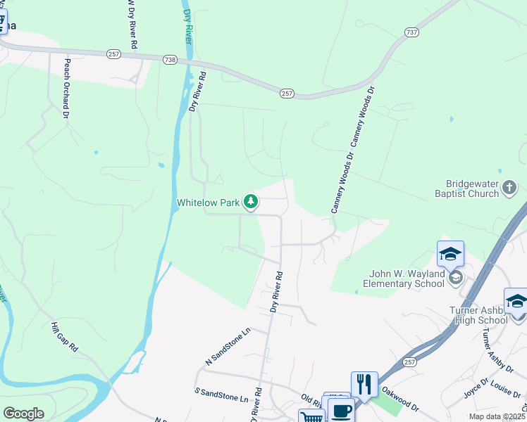 map of restaurants, bars, coffee shops, grocery stores, and more near 4205 Dry River Road in Bridgewater