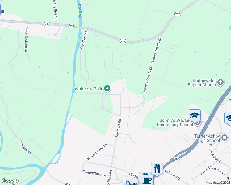 map of restaurants, bars, coffee shops, grocery stores, and more near 4225 Dry River Road in Bridgewater