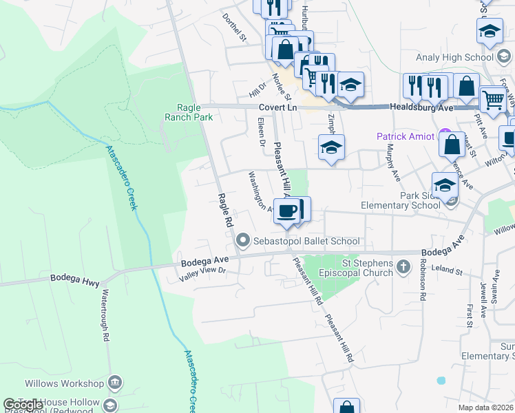map of restaurants, bars, coffee shops, grocery stores, and more near 272 Washington Court in Sebastopol
