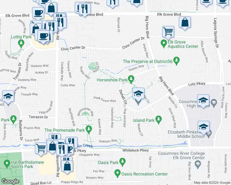 map of restaurants, bars, coffee shops, grocery stores, and more near 8005 Maiss Way in Elk Grove