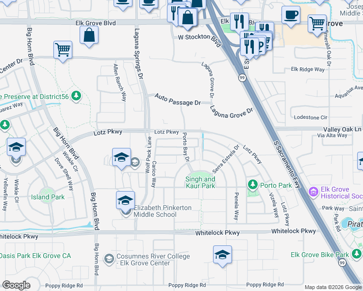 map of restaurants, bars, coffee shops, grocery stores, and more near 8465 Vila Gale Way in Elk Grove