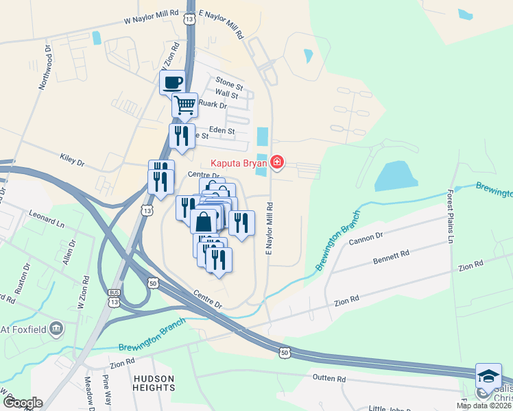 map of restaurants, bars, coffee shops, grocery stores, and more near 2323 Centre Drive in Salisbury