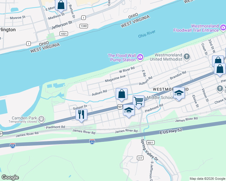 map of restaurants, bars, coffee shops, grocery stores, and more near 4523 Auburn Road in Huntington