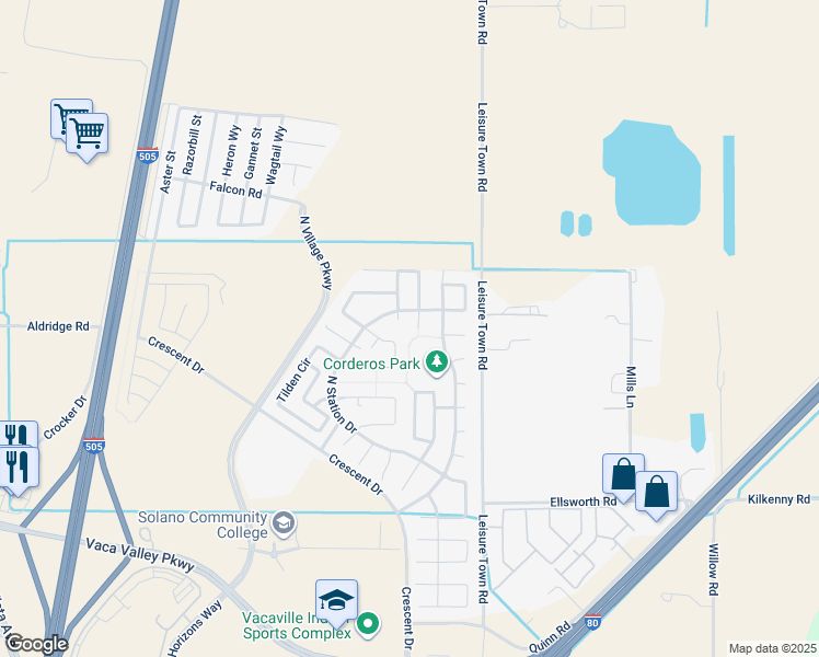 map of restaurants, bars, coffee shops, grocery stores, and more near 751 Embassy Circle in Vacaville
