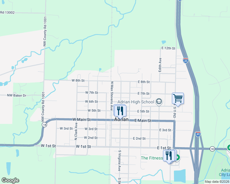 map of restaurants, bars, coffee shops, grocery stores, and more near 15 East 7th Street in Adrian