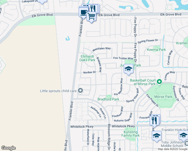 map of restaurants, bars, coffee shops, grocery stores, and more near 5008 Percheron Drive in Elk Grove