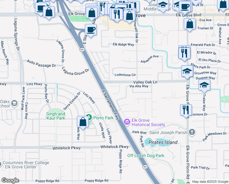 map of restaurants, bars, coffee shops, grocery stores, and more near 9837 Corte Dorado Court in Elk Grove